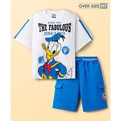 Pine Kids Disney Single Jersey Knit Half Sleeves Drop Shoulder T-Shirt & Shorts Set With Donald Duck Graphics - White & Blue
