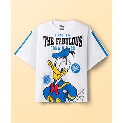 Pine Kids Disney Single Jersey Knit Half Sleeves Drop Shoulder T-Shirt & Shorts Set With Donald Duck Graphics - White & Blue