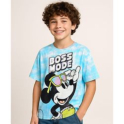 Pine Kids Disney Single Jersey Knit Half Drop Shoulder Sleeves Tie & Dye T-Shirt with Mickey Mouse Graphics - Aqua Blue