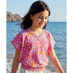 Pine Kids Cotton Knit half Sleeves Top with Floral Print - Pink