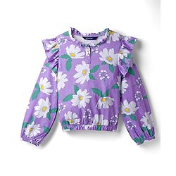 Pine Kids Cotton Knit Full Sleeves Top With Frill Detailing & Floral Print - Lilac