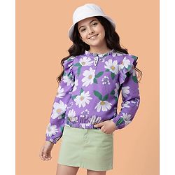 Pine Kids Cotton Knit Full Sleeves Top With Frill Detailing & Floral Print - Lilac