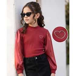 Pine Kids Cotton Knit Full Sleeves Solid Color Top - Dark Red