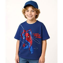 Pine Kids Marvel Terry Knit Half Drop Shoulder Sleeves Oversized T-Shirt with Spider Man Graphics - Navy Blue
