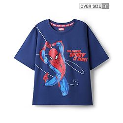 Pine Kids Marvel Terry Knit Half Drop Shoulder Sleeves Oversized T-Shirt with Spider Man Graphics - Navy Blue