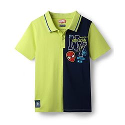 Pine Kids Marvel Terry Knit Half Sleeves Cut & Sew Polo T-Shirt with Spider Man Graphics - Light Green & Black