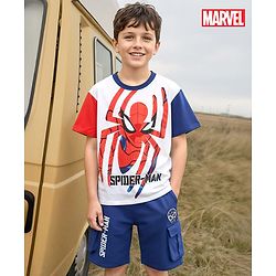 Pine Kids Marvel Single Jersey Knit Half Sleeves Drop Shoulder T-Shirts & Short Set With Spider-Man Graphics -Navy Blue & Red
