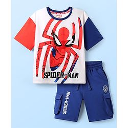 Pine Kids Marvel Single Jersey Knit Half Sleeves Drop Shoulder T-Shirts & Short Set With Spider-Man Graphics -Navy Blue & Red
