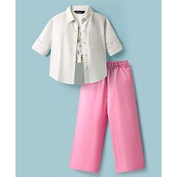 Pine Kids Poplin Woven Solid Color Full Sleeves Shirt & Culottes with Inner Top - White & Pink