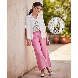 Pine Kids Poplin Woven Solid Color Full Sleeves Shirt & Culottes with Inner Top - White & Pink