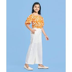 Pine Kids Cotton Woven Half Off Shoulder Sleeves Top & Palazzo Set with Floral Print - White & Orange