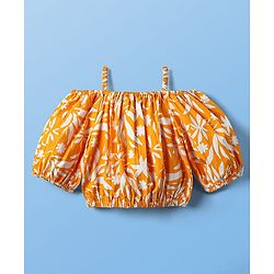 Pine Kids Cotton Woven Half Off Shoulder Sleeves Top & Palazzo Set with Floral Print - White & Orange