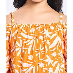 Pine Kids Cotton Woven Half Off Shoulder Sleeves Top & Palazzo Set with Floral Print - White & Orange