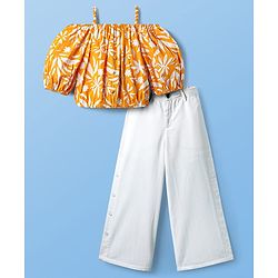Pine Kids Cotton Woven Half Off Shoulder Sleeves Top & Palazzo Set with Floral Print - White & Orange
