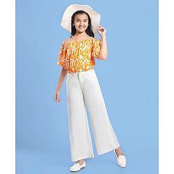Pine Kids Cotton Woven Half Off Shoulder Sleeves Top & Palazzo Set with Floral Print - White & Orange
