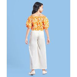 Pine Kids Cotton Woven Half Off Shoulder Sleeves Top & Palazzo Set with Floral Print - White & Orange