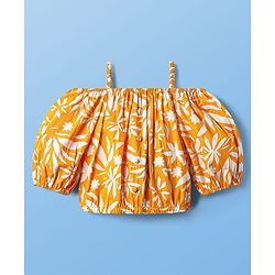 Pine Kids Cotton Woven Half Off Shoulder Sleeves Top & Palazzo Set with Floral Print - White & Orange