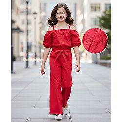 Pine Kids Cotton Woven Half Cold Shoulder Sleeves Solid Top & Palazzo Co-Ord Set With Belt - Red