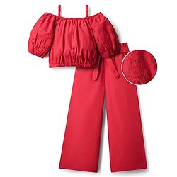 Pine Kids Cotton Woven Half Cold Shoulder Sleeves Solid Top & Palazzo Co-Ord Set With Belt - Red