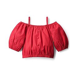 Pine Kids Cotton Woven Half Cold Shoulder Sleeves Solid Top & Palazzo Co-Ord Set With Belt - Red