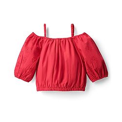 Pine Kids Cotton Woven Half Cold Shoulder Sleeves Solid Top & Palazzo Co-Ord Set With Belt - Red