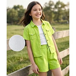 Pine Kids Viscose Rayon Woven Half Sleeves Solid Shirt & Shorts Co-Ord Set With Inner Top - Lime Green