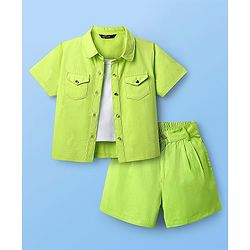Pine Kids Viscose Rayon Woven Half Sleeves Solid Shirt & Shorts Co-Ord Set With Inner Top - Lime Green