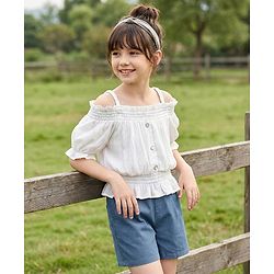 Pine Kids Viscose Rayon Woven Cold Shoulder Top & Shorts Set With Textured Design - White & Blue