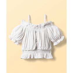 Pine Kids Viscose Rayon Woven Cold Shoulder Top & Shorts Set With Textured Design - White & Blue