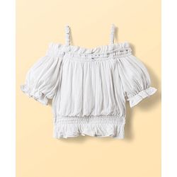 Pine Kids Viscose Rayon Woven Cold Shoulder Top & Shorts Set With Textured Design - White & Blue