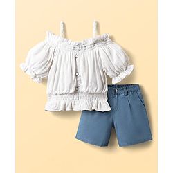 Pine Kids Viscose Rayon Woven Cold Shoulder Top & Shorts Set With Textured Design - White & Blue