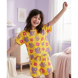 Pine Kids Single Jersey Knit Half Sleeves Shorts Night Suit with Floral Print - Yellow