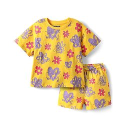 Pine Kids Single Jersey Knit Half Sleeves Shorts Night Suit with Floral Print - Yellow
