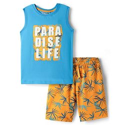 Pine Kids Single Jersey Knit Sleeveless Shorts Night Suit With Tree Print - Light Blue