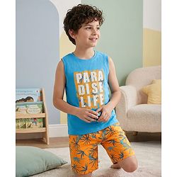 Pine Kids Single Jersey Knit Sleeveless Shorts Night Suit With Tree Print - Light Blue
