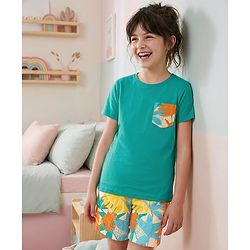 Pine Kids Single Jersey Knit Half Sleeves Shorts Night Suit With Leaf Print - Sea Green