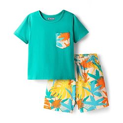 Pine Kids Single Jersey Knit Half Sleeves Shorts Night Suit With Leaf Print - Sea Green