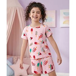 Pine Kids Single Jersey Knit Half Sleeves Shorts Co-Ord Night Suit With Fruit Print - Pink