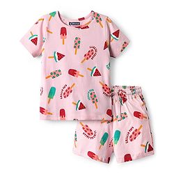 Pine Kids Single Jersey Knit Half Sleeves Shorts Co-Ord Night Suit With Fruit Print - Pink