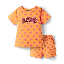 Pine Kids Single Jersey Knit Half Sleeves Co-ords Shorts Night Suit With Butterfly Print - Orange