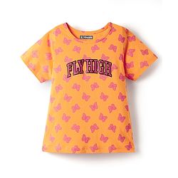 Pine Kids Single Jersey Knit Half Sleeves Co-ords Shorts Night Suit With Butterfly Print - Orange