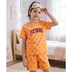 Pine Kids Single Jersey Knit Half Sleeves Co-ords Shorts Night Suit With Butterfly Print - Orange