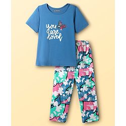 Pine Kids Cotton Knit Half Sleeves Night Suit With Text & Butterfly Print - Blue