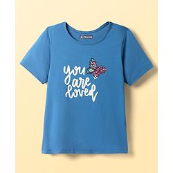 Pine Kids Cotton Knit Half Sleeves Night Suit With Text & Butterfly Print - Blue