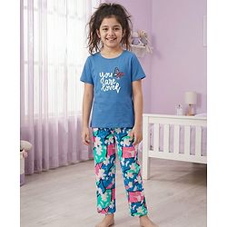 Pine Kids Cotton Knit Half Sleeves Night Suit With Text & Butterfly Print - Blue