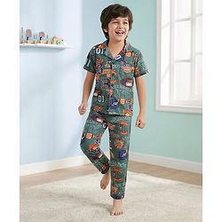 Pine Kids Single Jersey Knit Half Sleeves Co-Ord Night Suit with Sports Print - Foliage Green