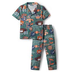 Pine Kids Single Jersey Knit Half Sleeves Co-Ord Night Suit with Sports Print - Foliage Green