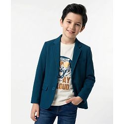 Pine Kids Knit Full Sleeves Solid Blazer With Printed Inner Tee - Teal Blue