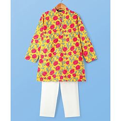 Pine Kids Cotton Woven Mandarin Collar Full Sleeves Kurta Pajama Set With Floral Print - Mustard