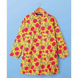 Pine Kids Cotton Woven Mandarin Collar Full Sleeves Kurta Pajama Set With Floral Print - Mustard
